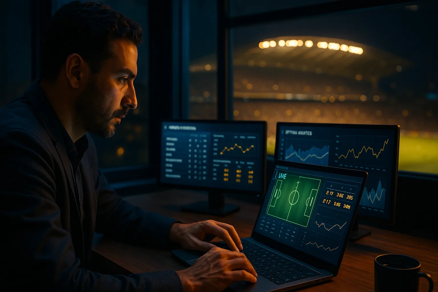 Analis bola sedang meninjau statistik pertandingan dan grafik odds di layar laptop dengan suasana stadion malam, menggambarkan strategi parlay cerdas dan prediksi akurat dari BandarMixParlay.com.